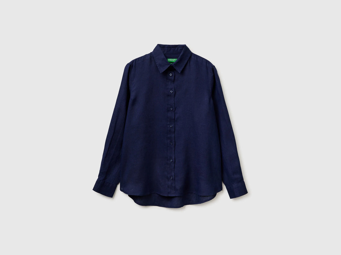 Benetton Dark Blue Women Regular Fit Shirt in Pure Linen SKU: 5BMLDQ0D9_252 Image 01