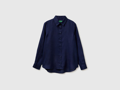 Benetton Dark Blue Women Regular Fit Shirt in Pure Linen SKU: 5BMLDQ0D9_252 Image 01