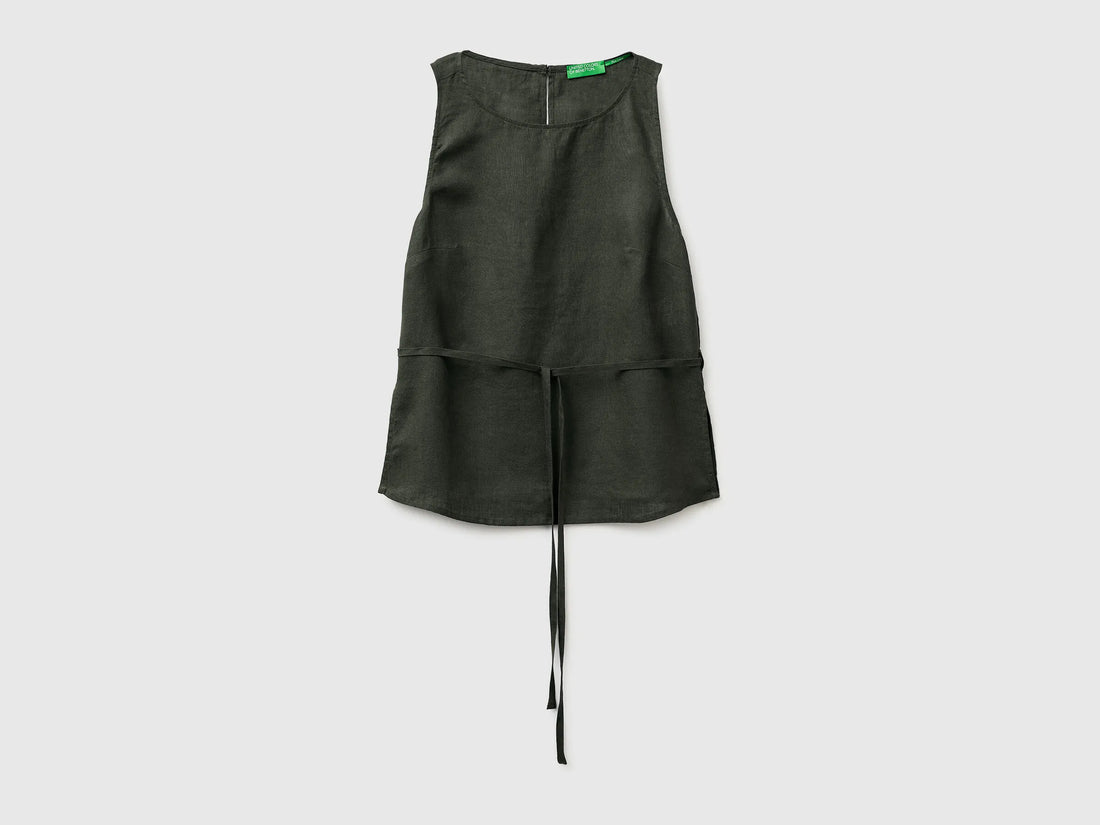 Benetton Military Green Women 100% Linen Tank Top with Strap SKU: 5BMLDQ0DZ_20W Image 01