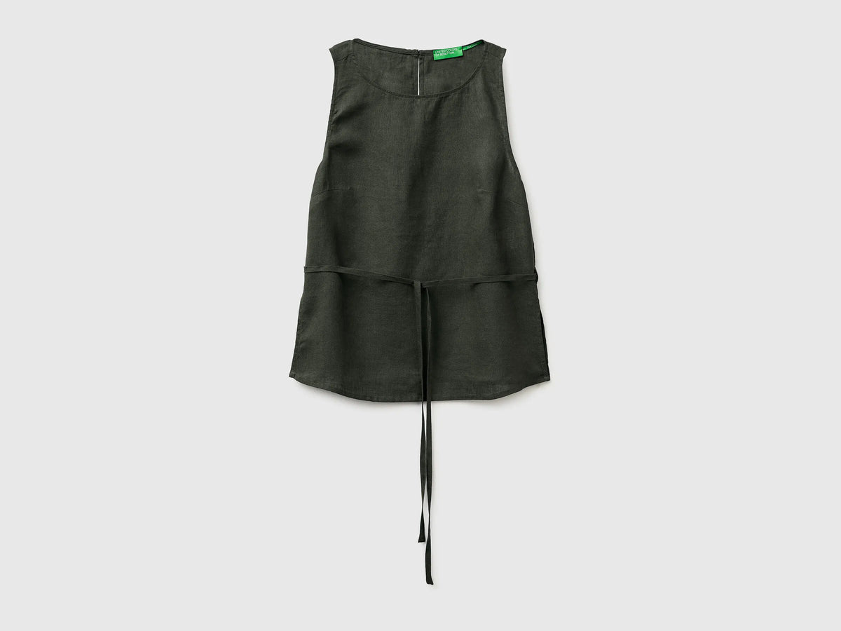 Benetton Military Green Women 100% Linen Tank Top with Strap SKU: 5BMLDQ0DZ_20W Image 01