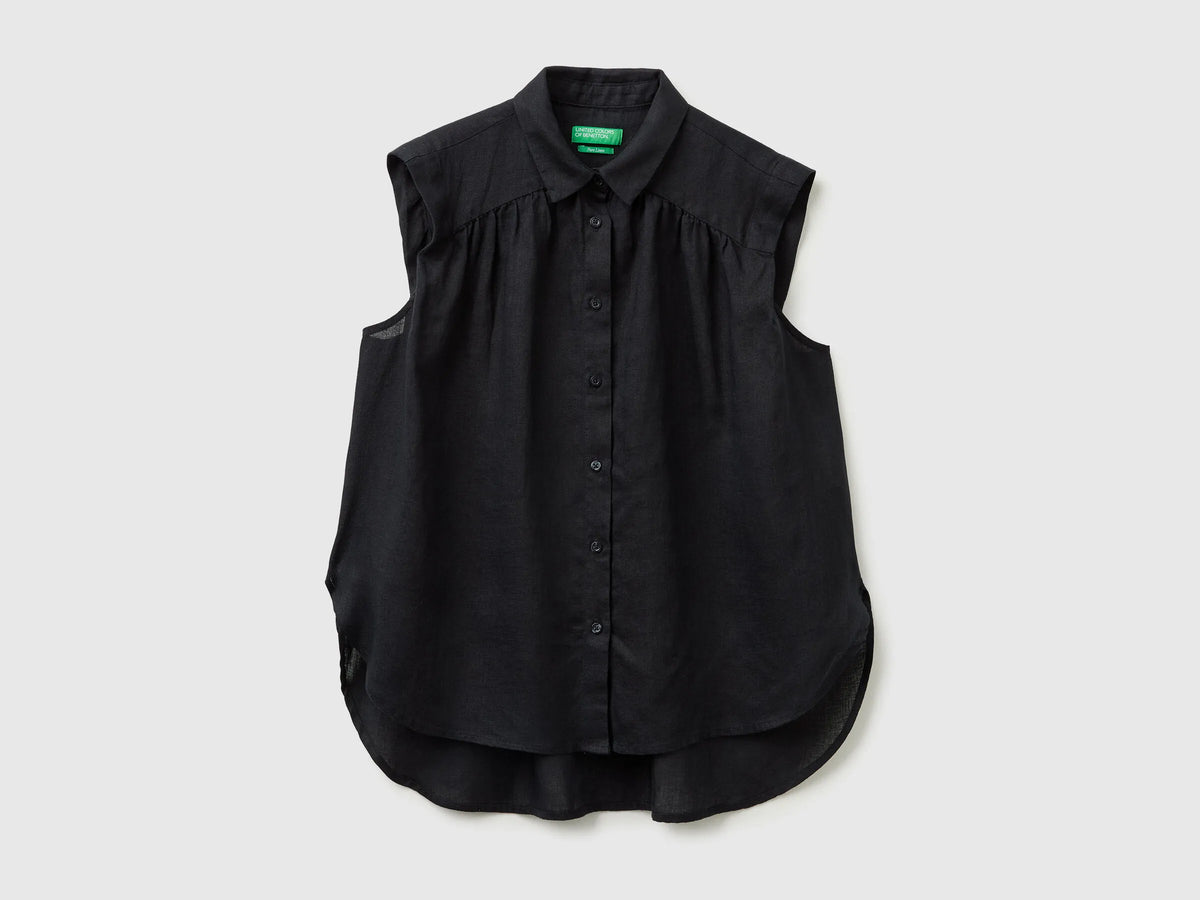 Benetton Black Women 100% Linen Sleeveless Blouse SKU: 5BMLDQ0E0_100 Image 01