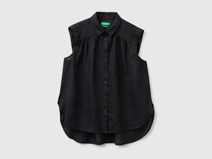 Benetton Black Women 100% Linen Sleeveless Blouse SKU: 5BMLDQ0E0_100 Image 01