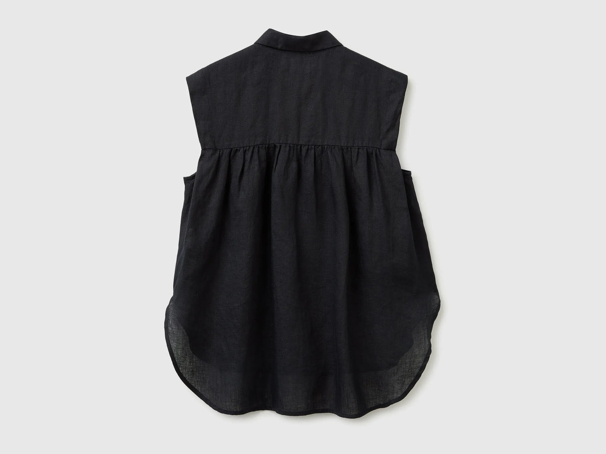 Benetton Black Women 100% Linen Sleeveless Blouse SKU: 5BMLDQ0E0_100 Image 02