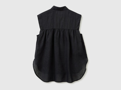 Benetton Black Women 100% Linen Sleeveless Blouse SKU: 5BMLDQ0E0_100 Image 02