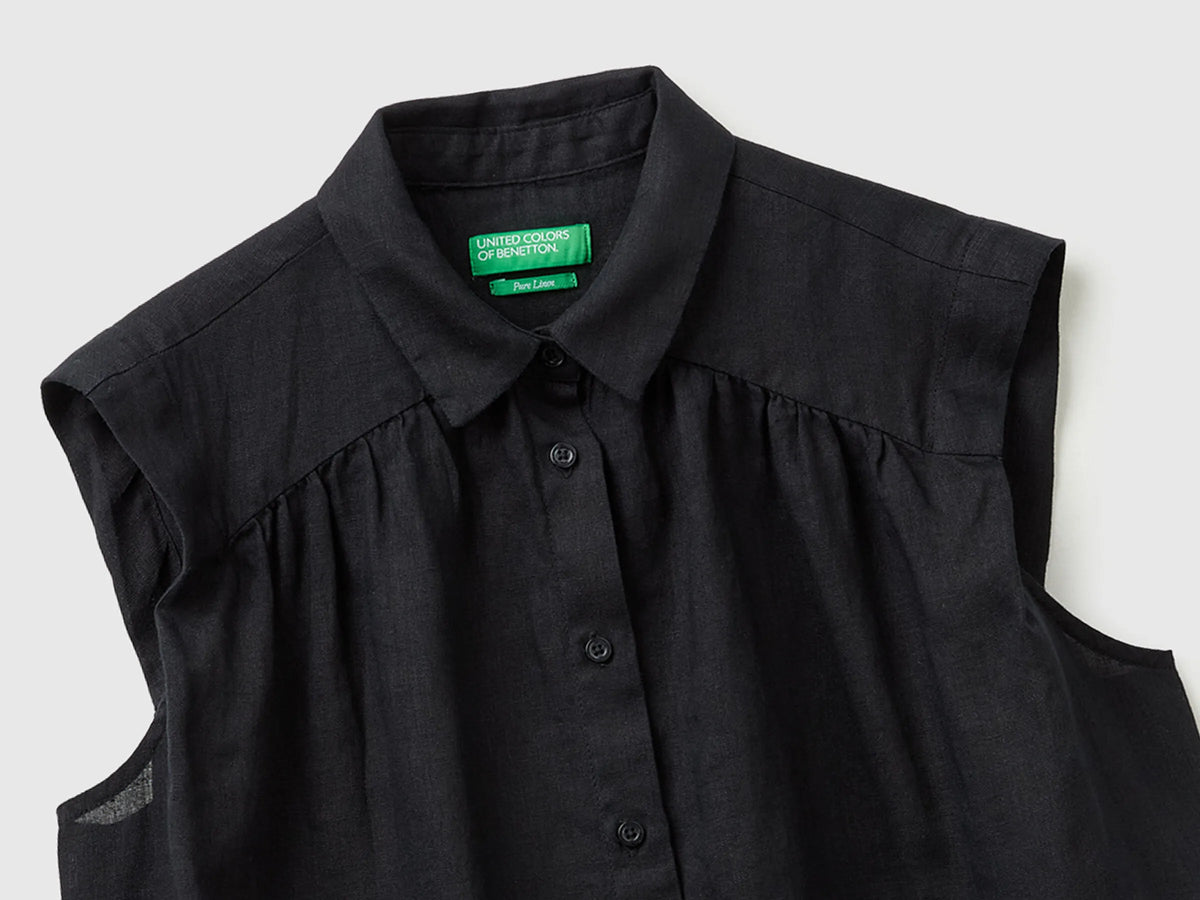 Benetton Black Women 100% Linen Sleeveless Blouse SKU: 5BMLDQ0E0_100 Image 03