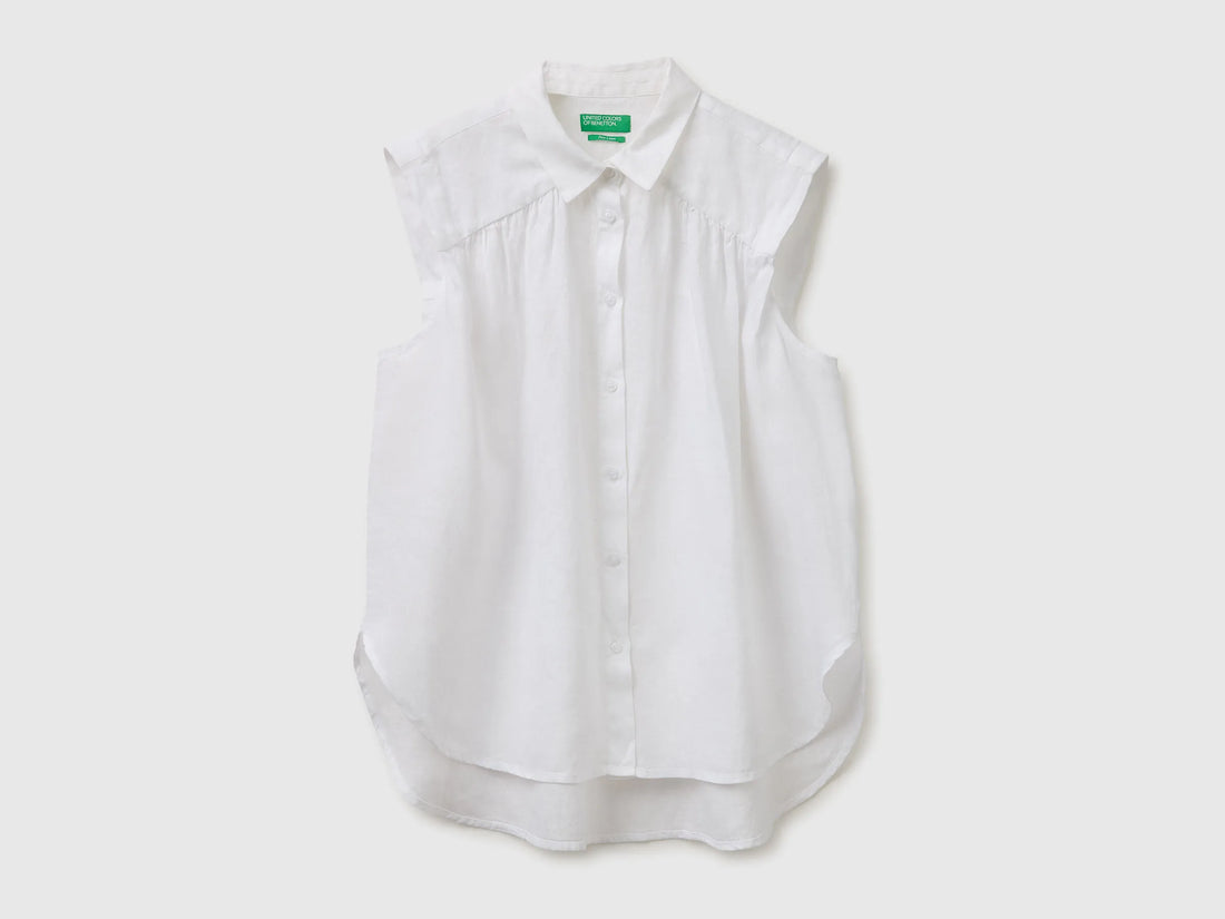 Benetton White Women 100% Linen Sleeveless Blouse SKU: 5BMLDQ0E0_101 Image 01