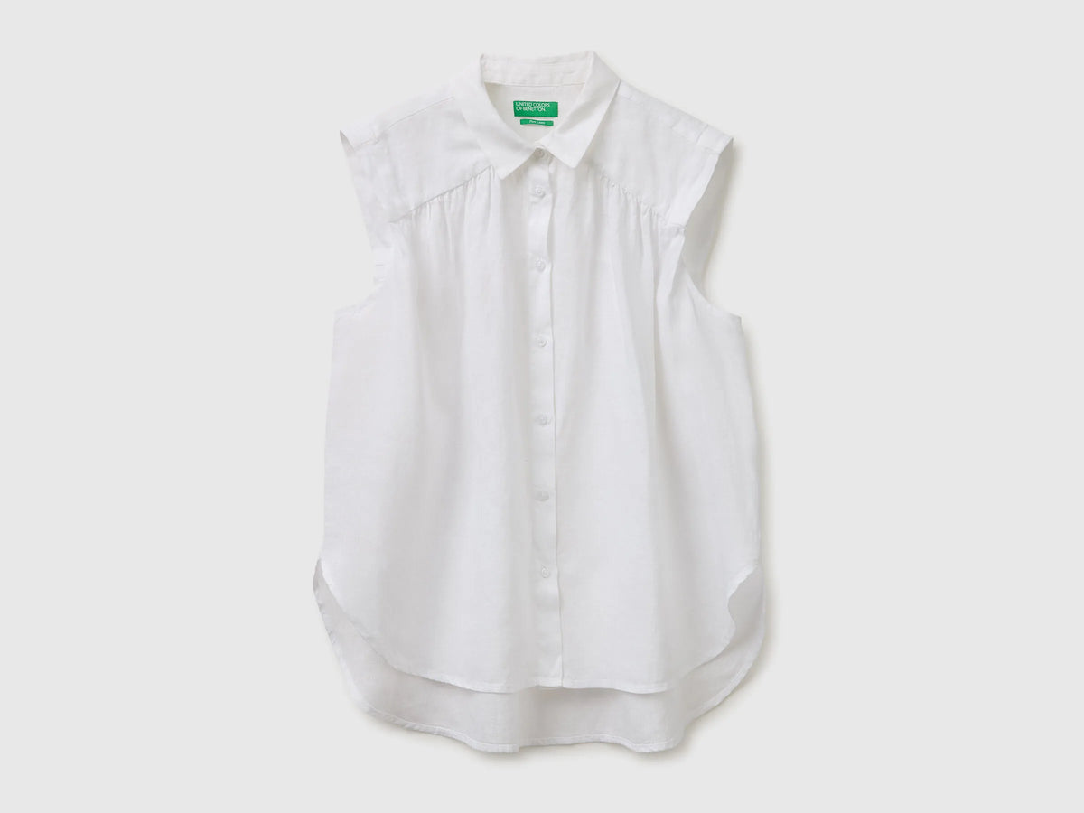 Benetton White Women 100% Linen Sleeveless Blouse SKU: 5BMLDQ0E0_101 Image 01