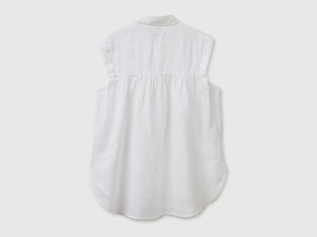 Benetton White Women 100% Linen Sleeveless Blouse SKU: 5BMLDQ0E0_101 Image 02