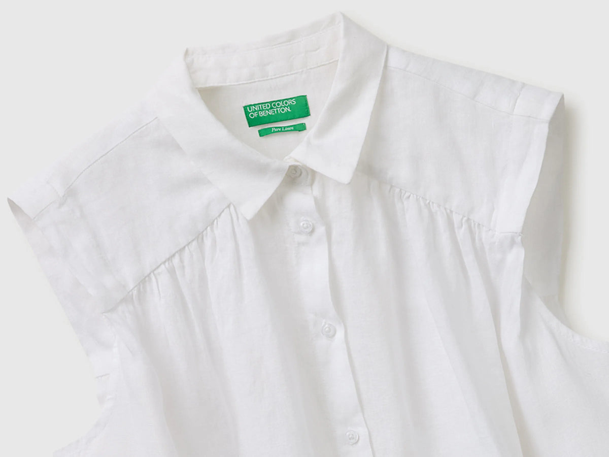 Benetton White Women 100% Linen Sleeveless Blouse SKU: 5BMLDQ0E0_101 Image 03