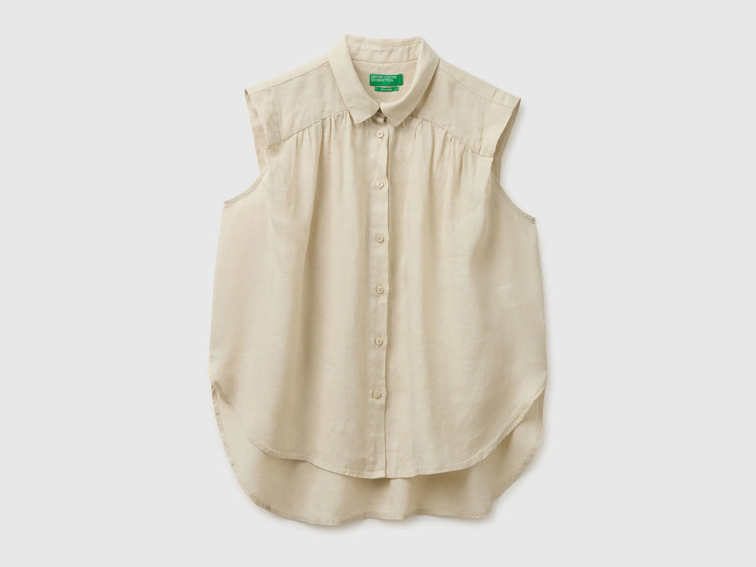 Benetton Beige Women 100% Linen Sleeveless Blouse SKU: 5BMLDQ0E0_152 Image 01
