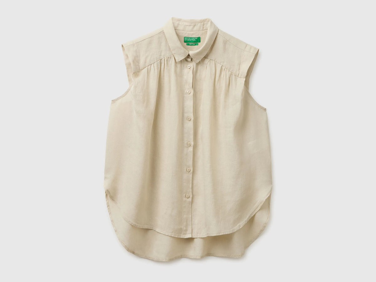Benetton Beige Women 100% Linen Sleeveless Blouse SKU: 5BMLDQ0E0_152 Image 01
