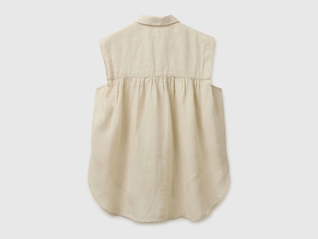 Benetton Beige Women 100% Linen Sleeveless Blouse SKU: 5BMLDQ0E0_152 Image 02