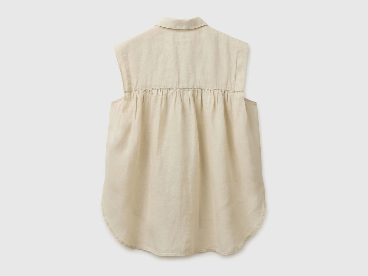 Benetton Beige Women 100% Linen Sleeveless Blouse SKU: 5BMLDQ0E0_152 Image 02