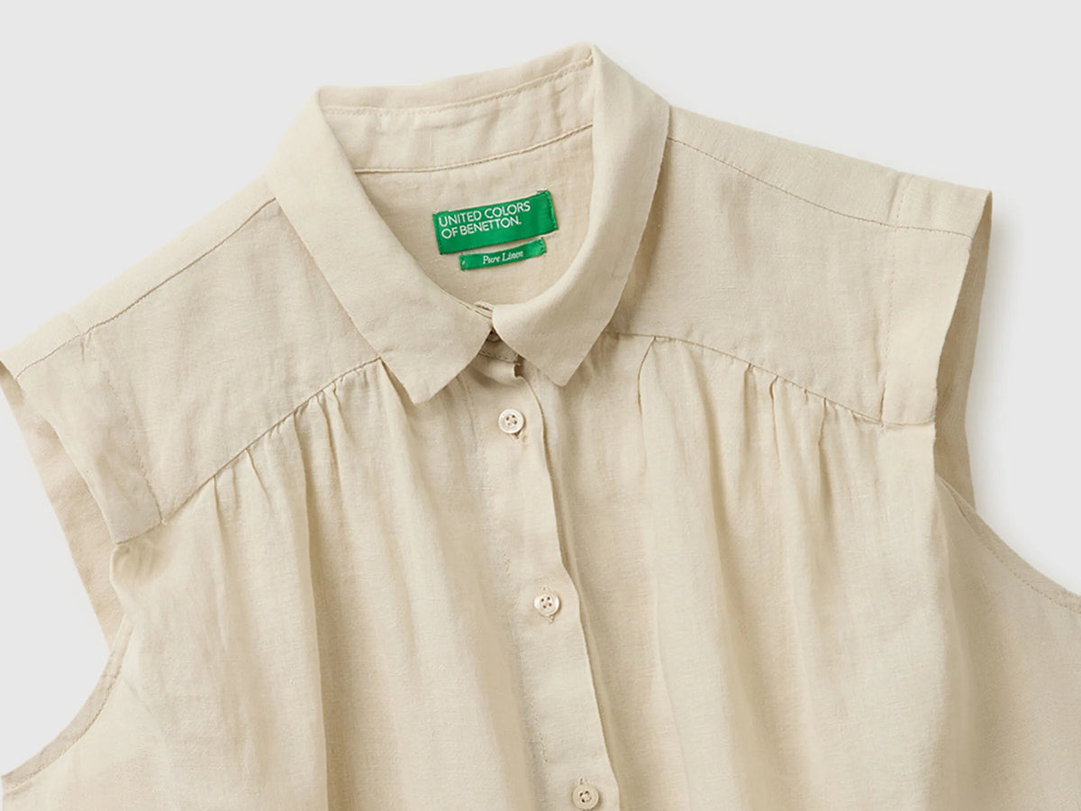 Benetton Beige Women 100% Linen Sleeveless Blouse SKU: 5BMLDQ0E0_152 Image 03