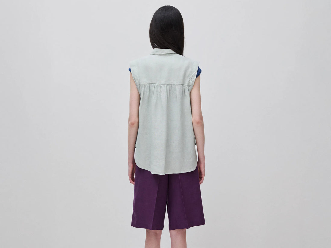 Benetton Light Green Women 100% Linen Sleeveless Blouse SKU: 5BMLDQ0E0_17E Image 02