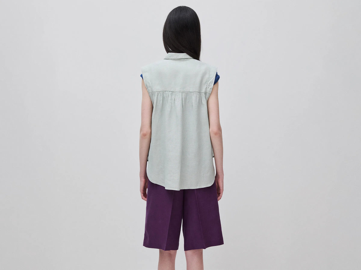Benetton Light Green Women 100% Linen Sleeveless Blouse SKU: 5BMLDQ0E0_17E Image 02
