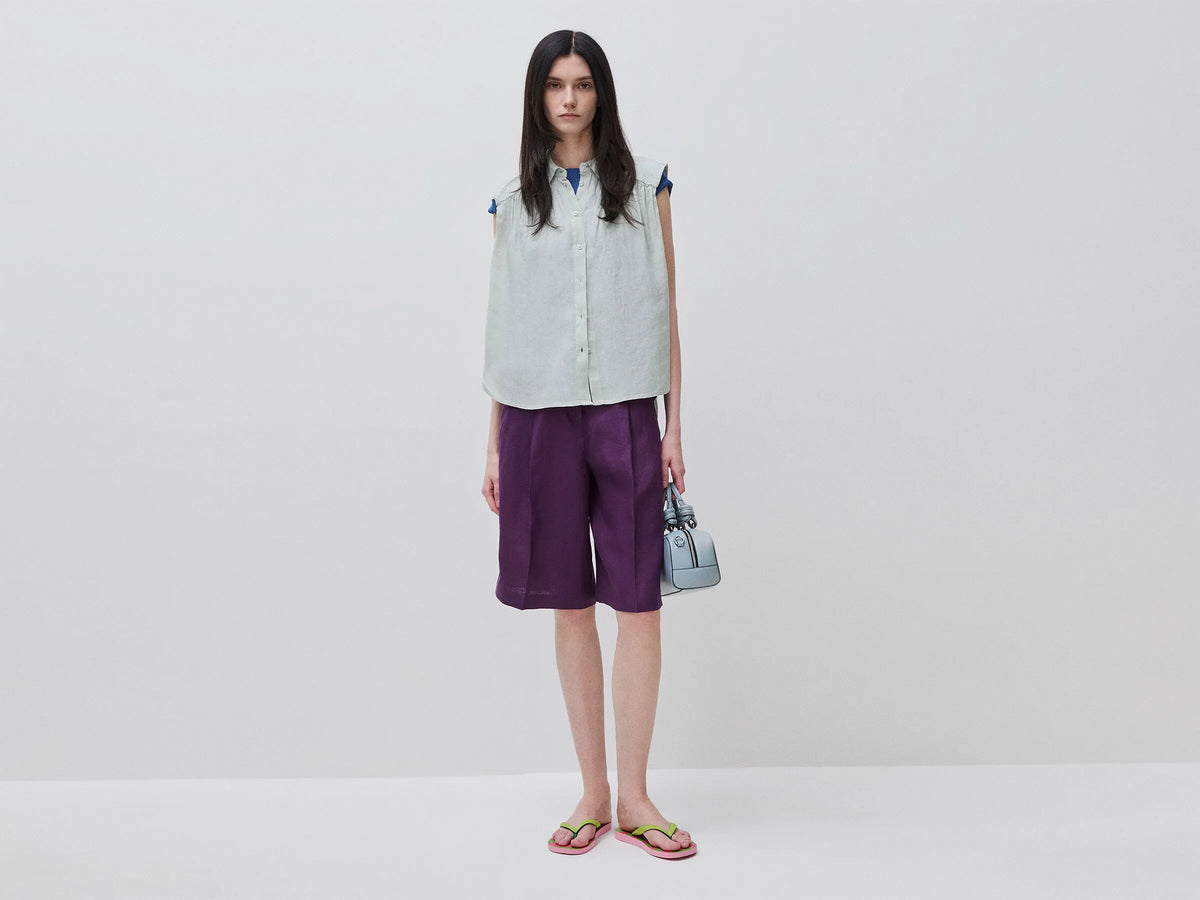 Benetton Light Green Women 100% Linen Sleeveless Blouse SKU: 5BMLDQ0E0_17E Image 03