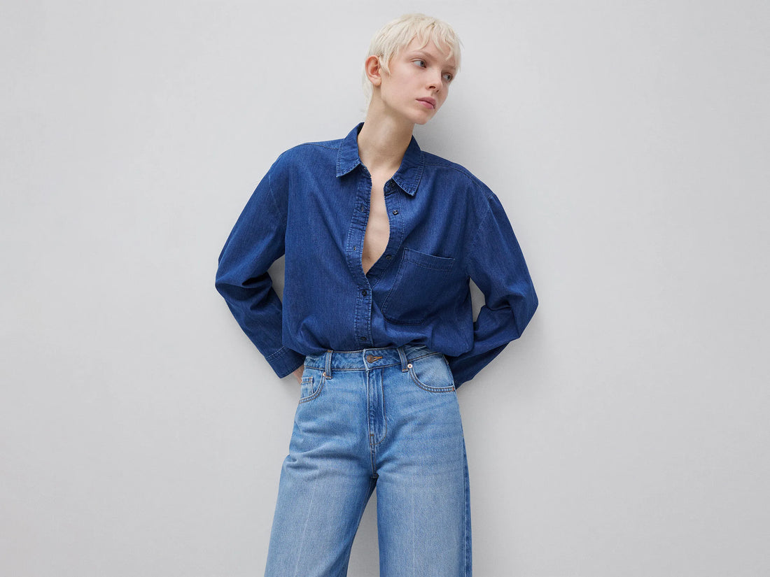 Benetton Blue Women Cropped Chambray Shirt SKU: 5DHJDQ0DT_901 Image 01