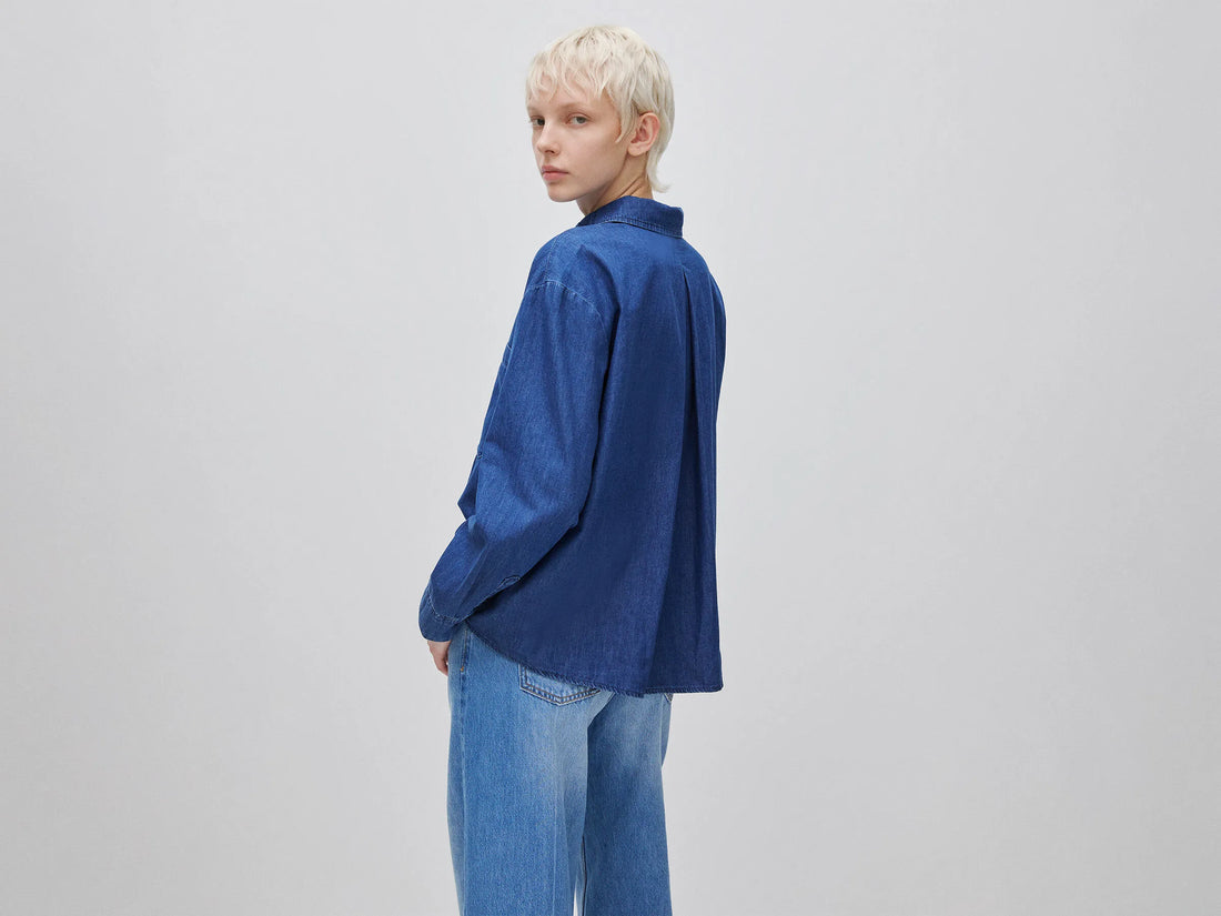 Benetton Blue Women Cropped Chambray Shirt SKU: 5DHJDQ0DT_901 Image 02