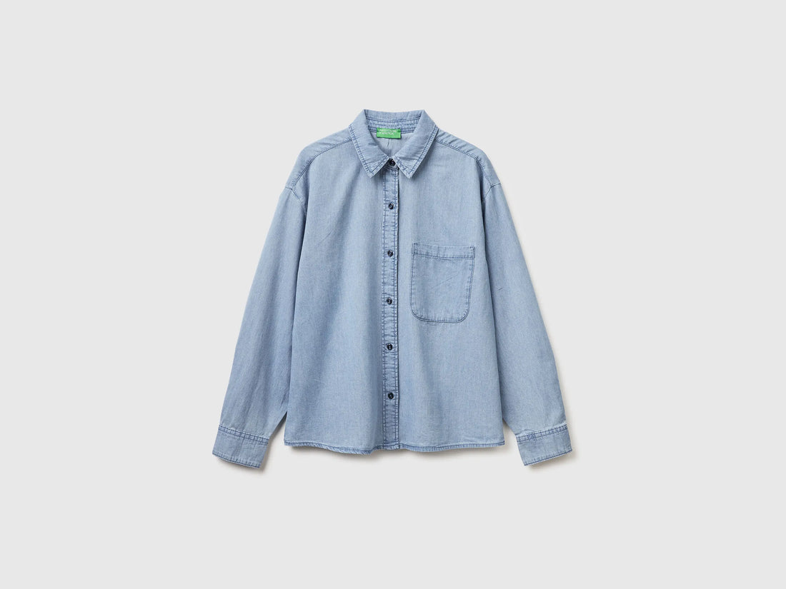 Benetton Light Blue Women Cropped Chambray Shirt SKU: 5DHJDQ0DT_902 Image 01
