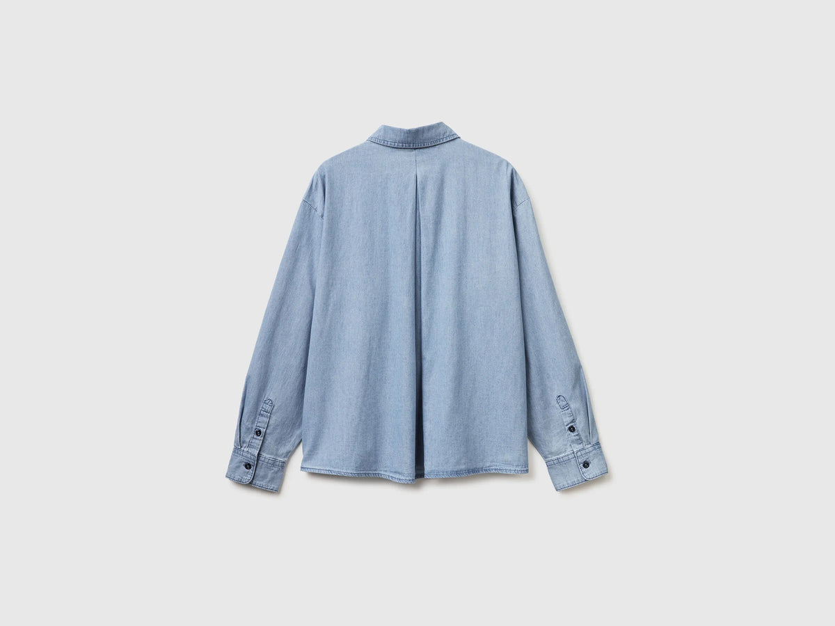 Benetton Light Blue Women Cropped Chambray Shirt SKU: 5DHJDQ0DT_902 Image 02