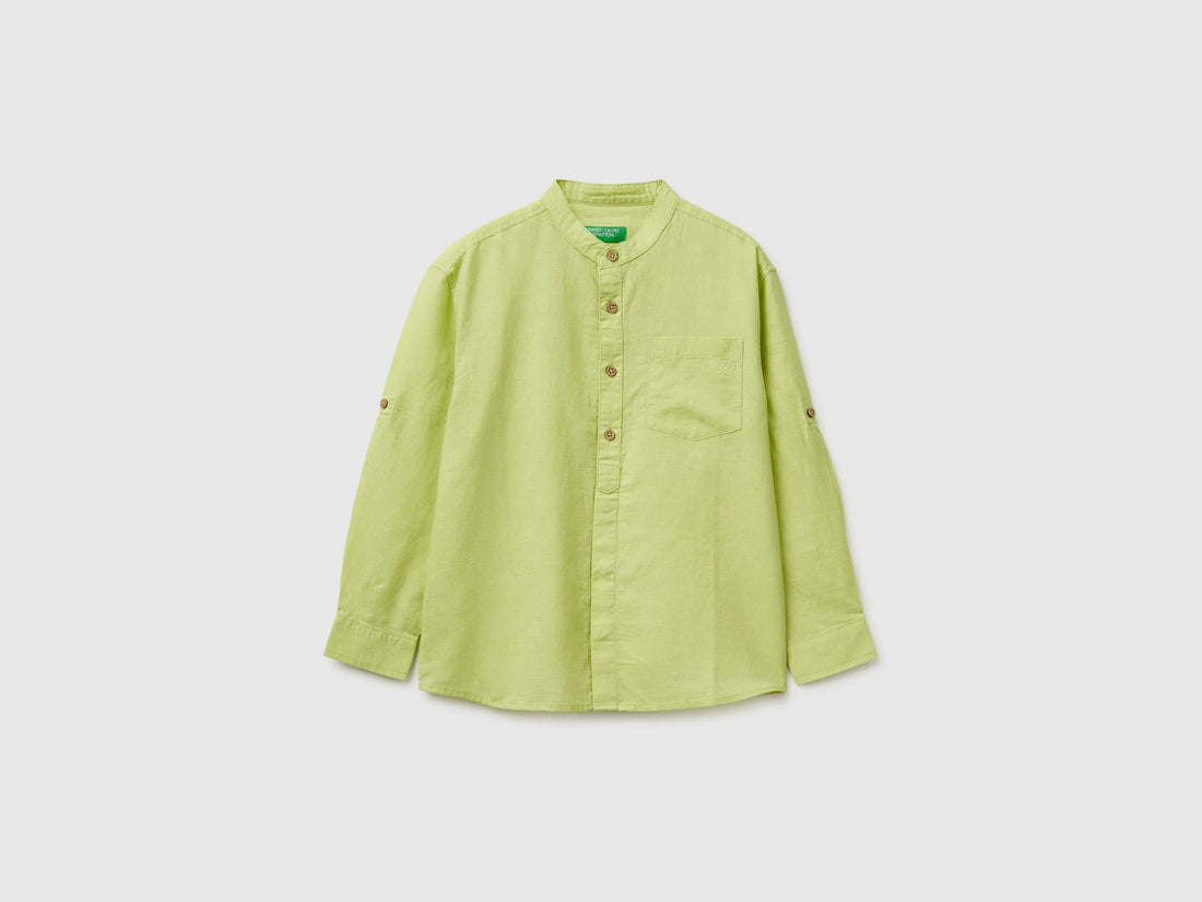 Benetton Lime Boys Linen Blend Mandarin Collar Shirt SKU: 5IPVCQ04T_0M4 Image 01