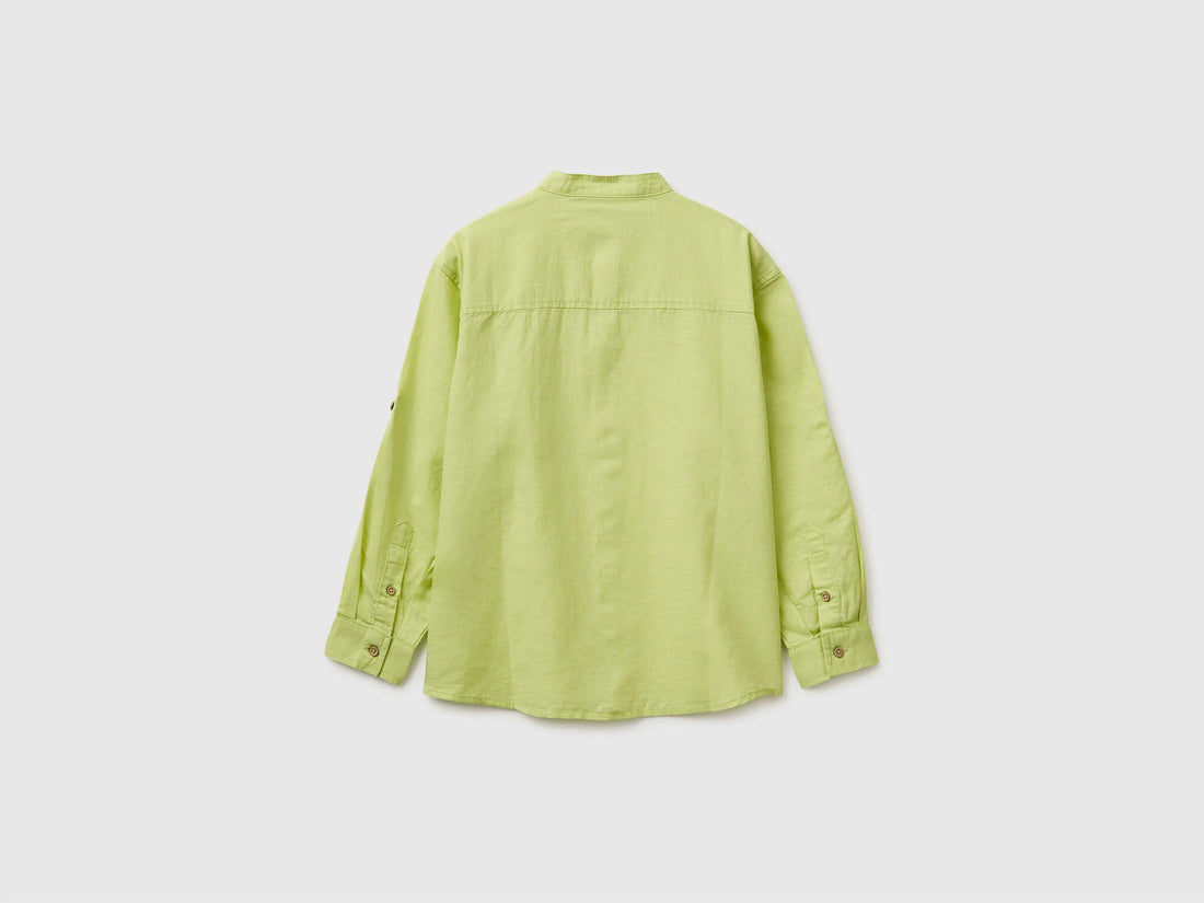 Benetton Lime Boys Linen Blend Mandarin Collar Shirt SKU: 5IPVCQ04T_0M4 Image 02
