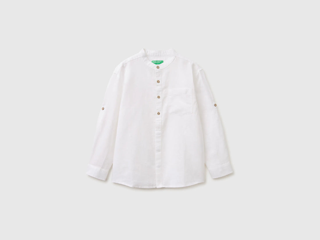 Benetton White Boys Linen Blend Mandarin Collar Shirt SKU: 5IPVCQ04T_101 Image 01