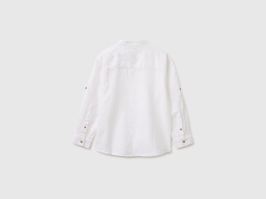 Benetton White Boys Linen Blend Mandarin Collar Shirt SKU: 5IPVCQ04T_101 Image 02