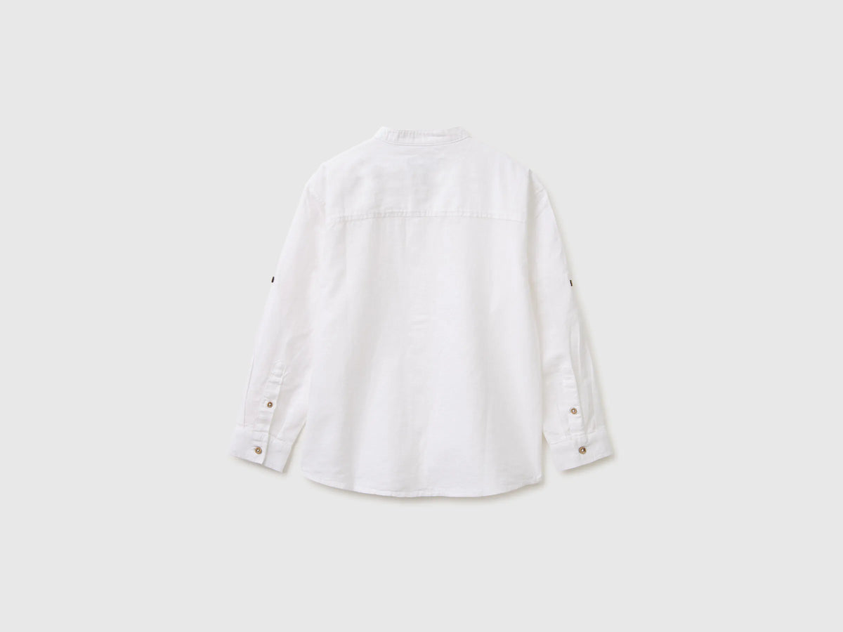Benetton White Boys Linen Blend Mandarin Collar Shirt SKU: 5IPVCQ04T_101 Image 02