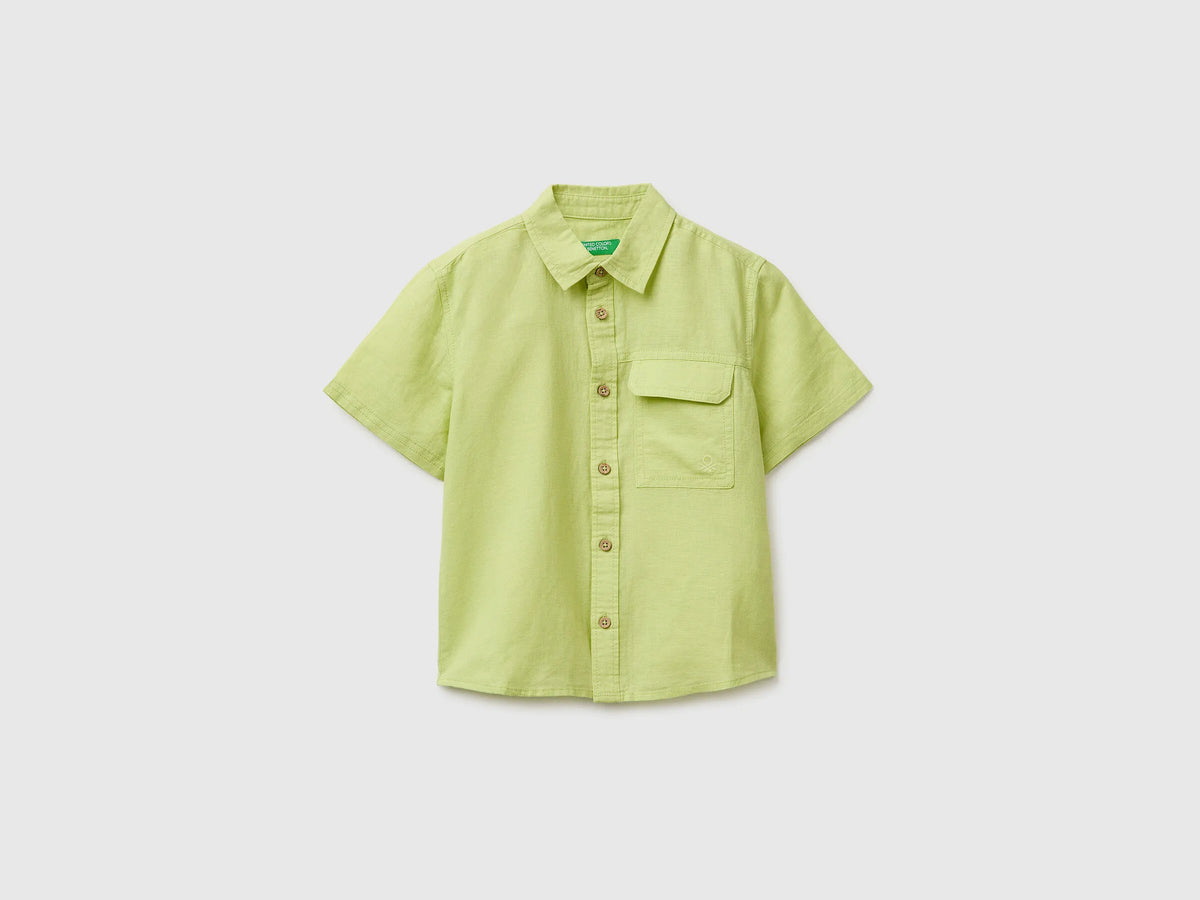 Benetton Lime Boys Short-Sleeved Linen Blend Shirt SKU: 5IPVGQ033_0M4 Image 01