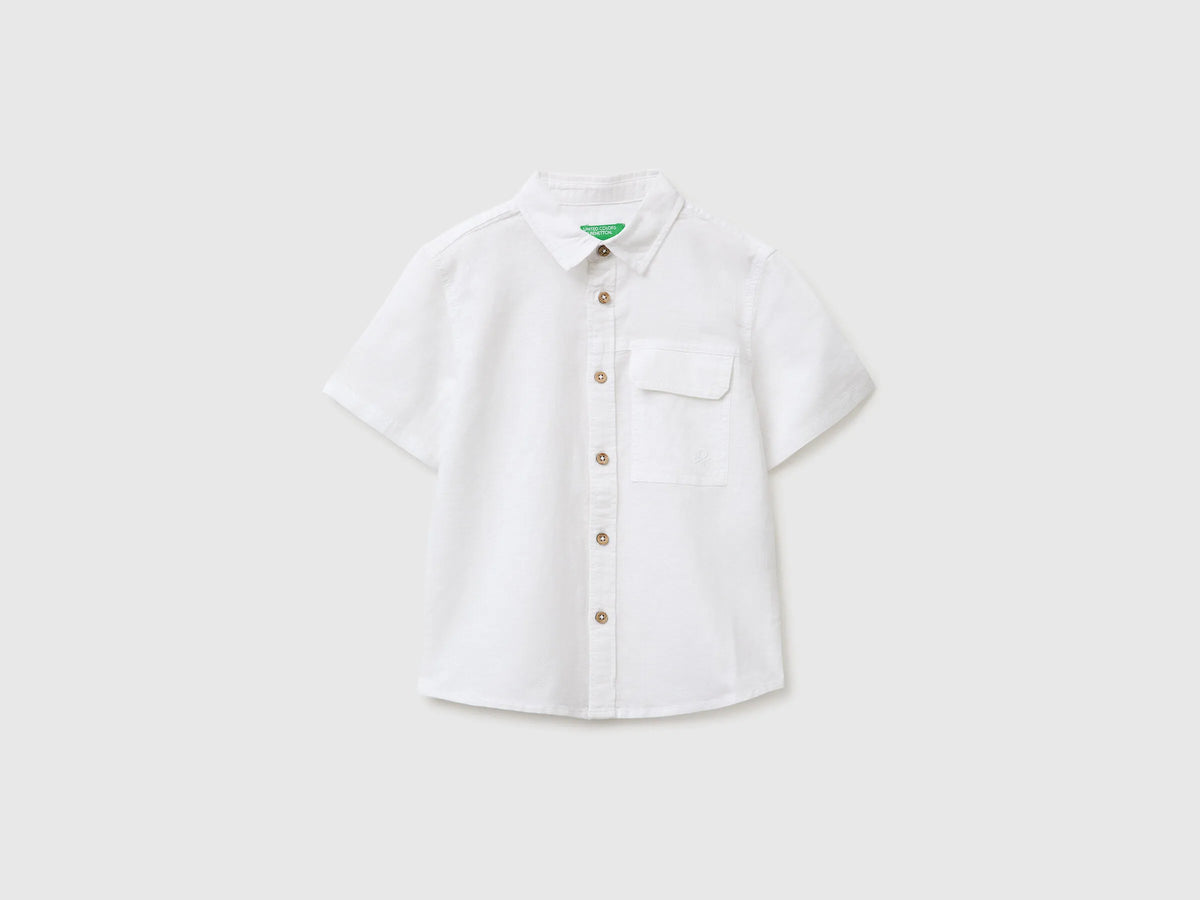 Benetton White Boys Short-Sleeved Linen Blend Shirt SKU: 5IPVGQ033_101 Image 01