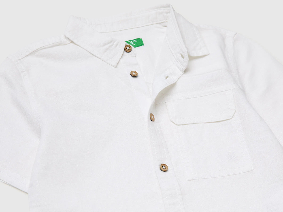 Benetton White Boys Short-Sleeved Linen Blend Shirt SKU: 5IPVGQ033_101 Image 03