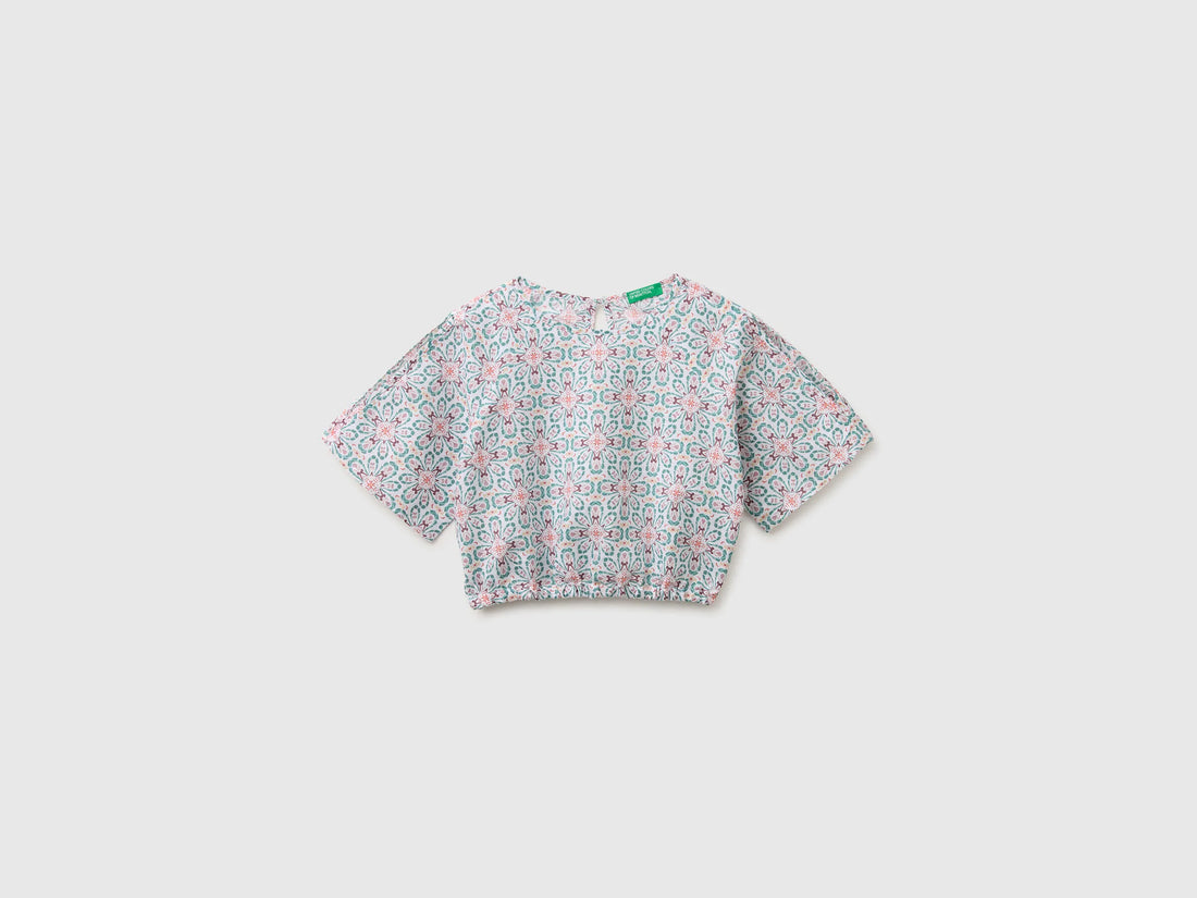 Benetton Aqua Girls Floral Blouse in Linen Blend SKU: 5NVDCQ04S_68D Image 01