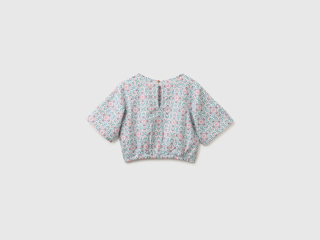 Benetton Aqua Girls Floral Blouse in Linen Blend SKU: 5NVDCQ04S_68D Image 02