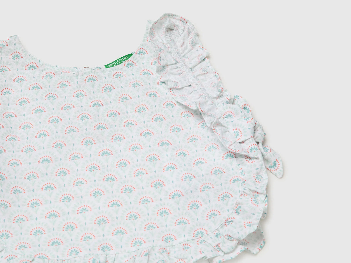 Benetton Aqua Girls Floral Blouse in Linen Blend SKU: 5NVDGQ035_68A Image 03