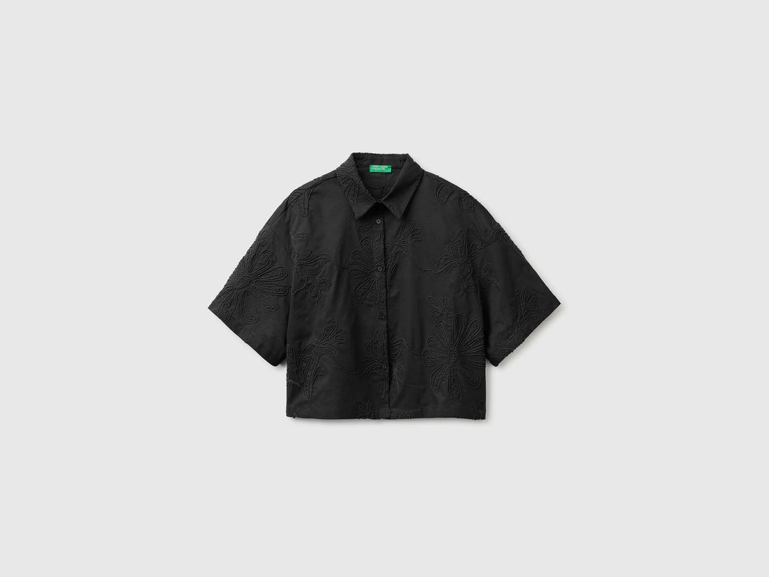 Benetton Black Women Cropped Shirt with Floral Embroidery SKU: 5RWNDQ0EK_100 Image 01