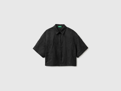 Benetton Black Women Cropped Shirt with Floral Embroidery SKU: 5RWNDQ0EK_100 Image 01