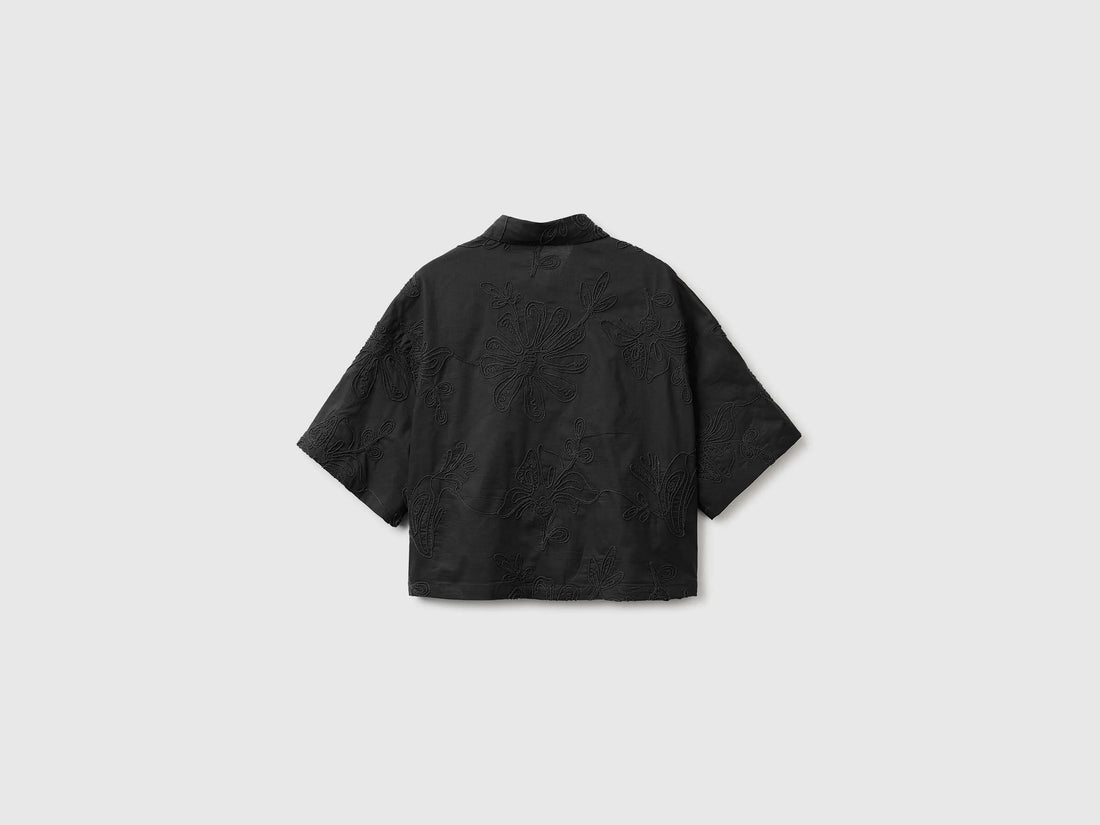 Benetton Black Women Cropped Shirt with Floral Embroidery SKU: 5RWNDQ0EK_100 Image 02