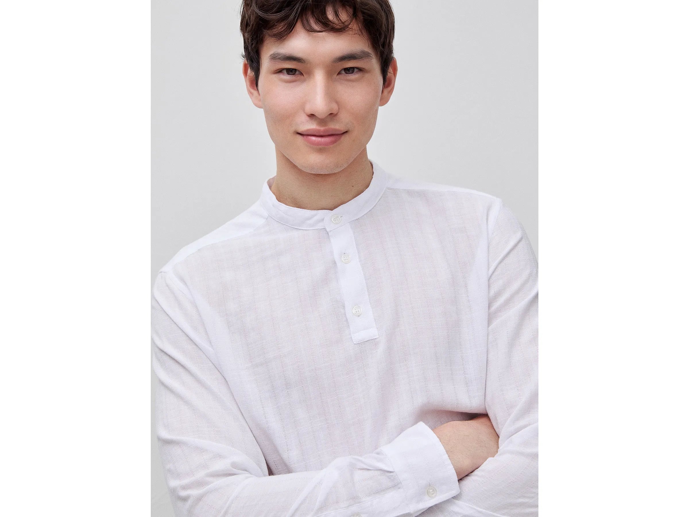 Benetton White Men Striped Henley Shirt SKU: 5TYEUQ075_701 Image 04