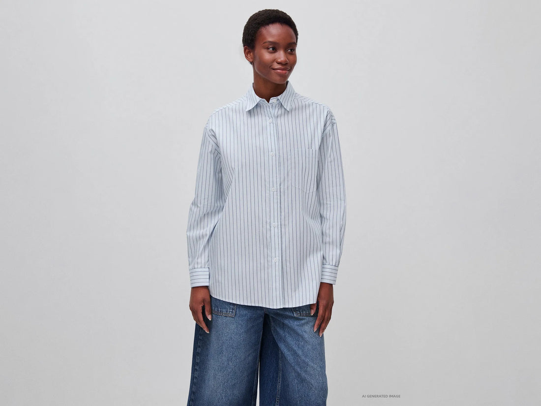 Benetton Sky Blue Women Oversized Striped Shirt SKU: 5UPCDQ0F7_901 Image 01
