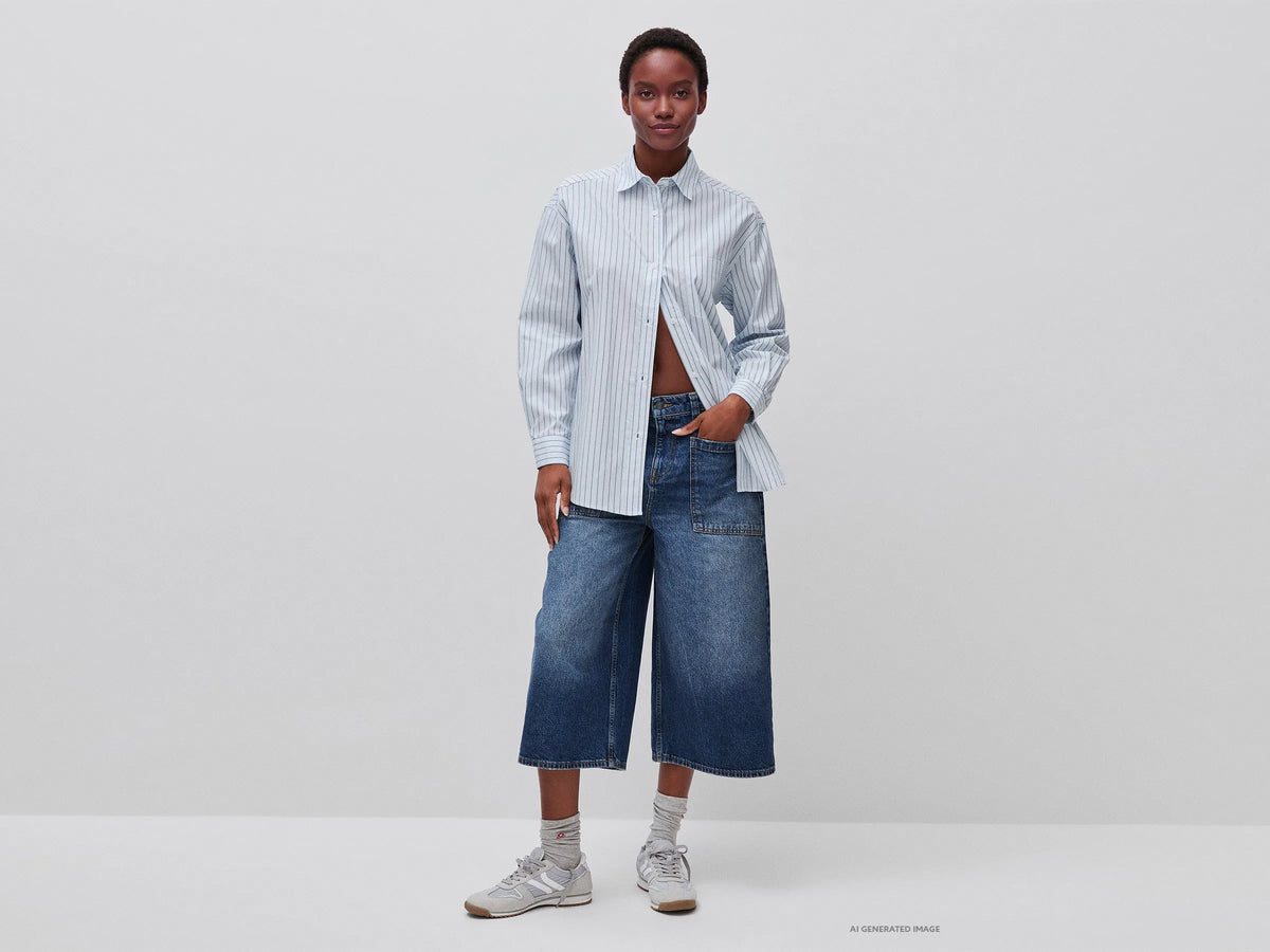 Benetton Sky Blue Women Oversized Striped Shirt SKU: 5UPCDQ0F7_901 Image 03