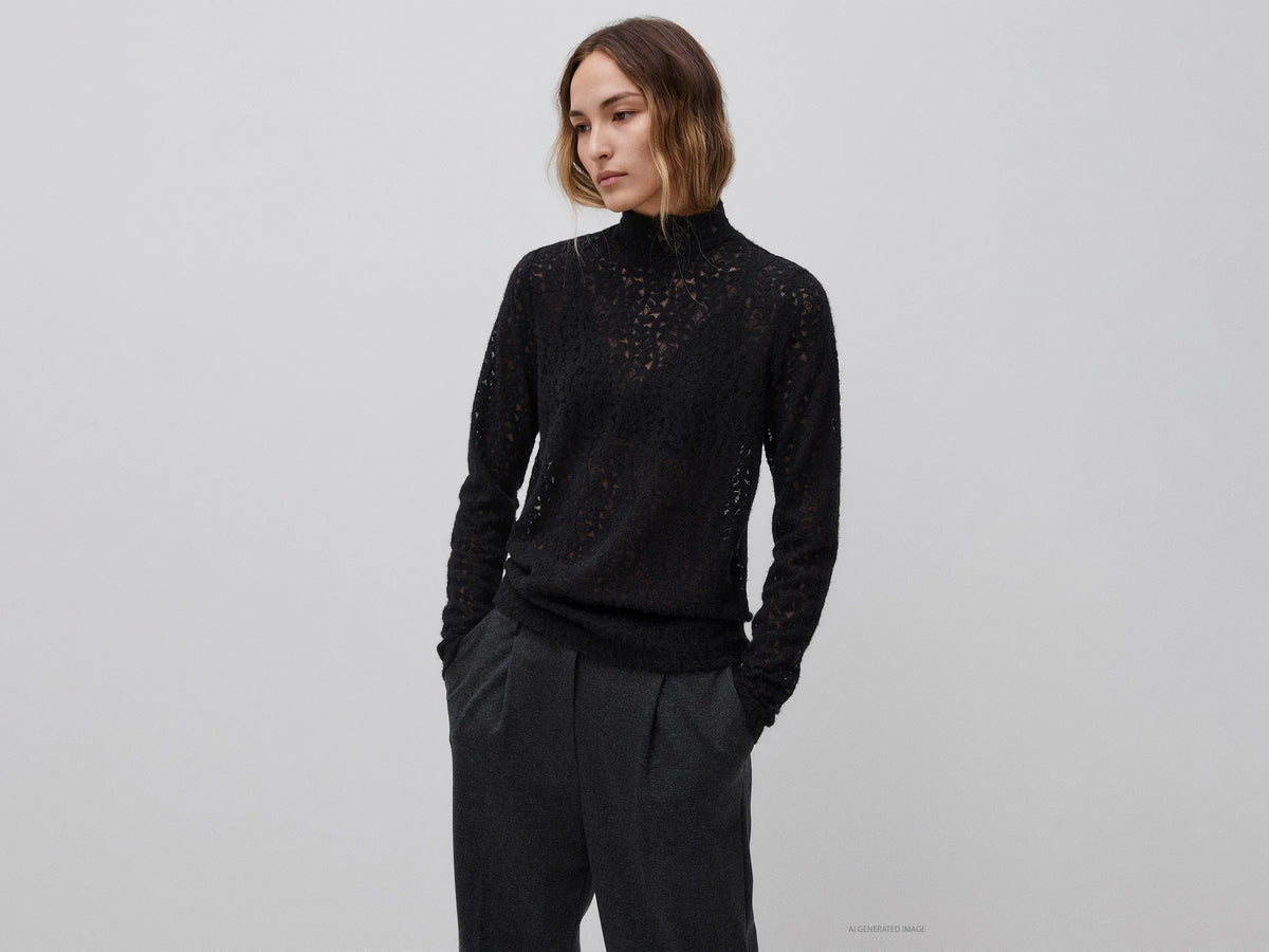 Benetton Black Women High-Neck Lace Blouse SKU: 5VCCDQ0FJ_100 Image 01