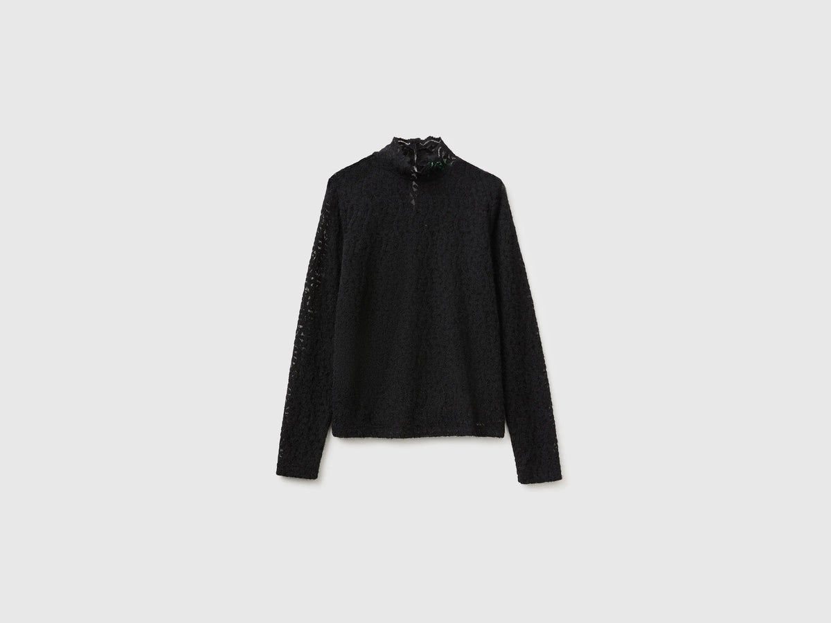 Benetton Black Women High-Neck Lace Blouse SKU: 5VCCDQ0FJ_100 Image 05