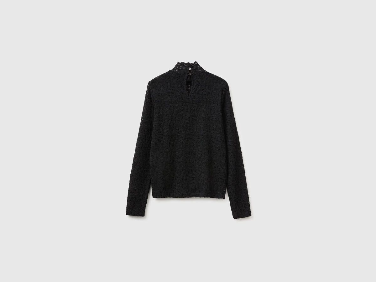 Benetton Black Women High-Neck Lace Blouse SKU: 5VCCDQ0FJ_100 Image 06