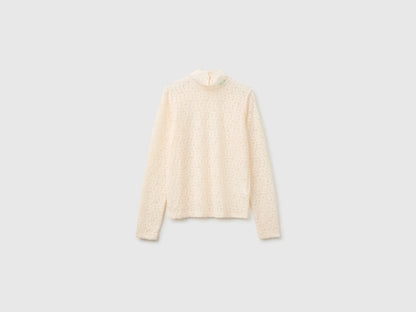 Benetton Creamy White Women High-Neck Lace Blouse SKU: 5VCCDQ0FJ_27H Image 01