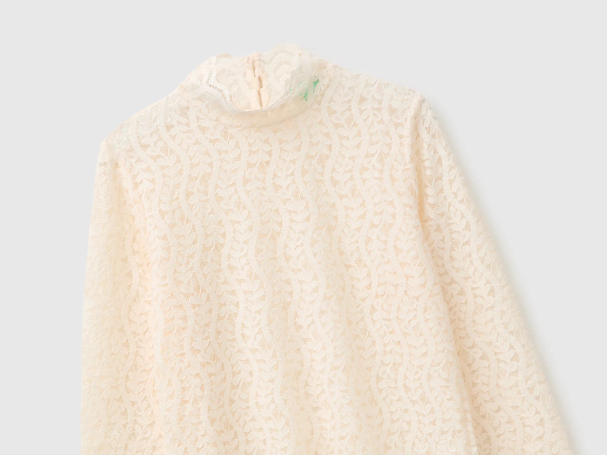 Benetton Creamy White Women High-Neck Lace Blouse SKU: 5VCCDQ0FJ_27H Image 03