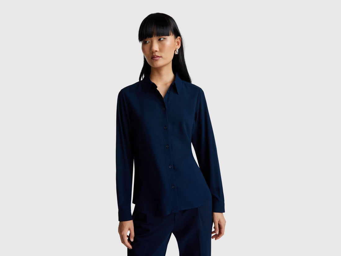 Benetton Dark Blue Women Regular Fit Shirt in Viscose SKU: 5WPWDQ0B0_016 Image 01