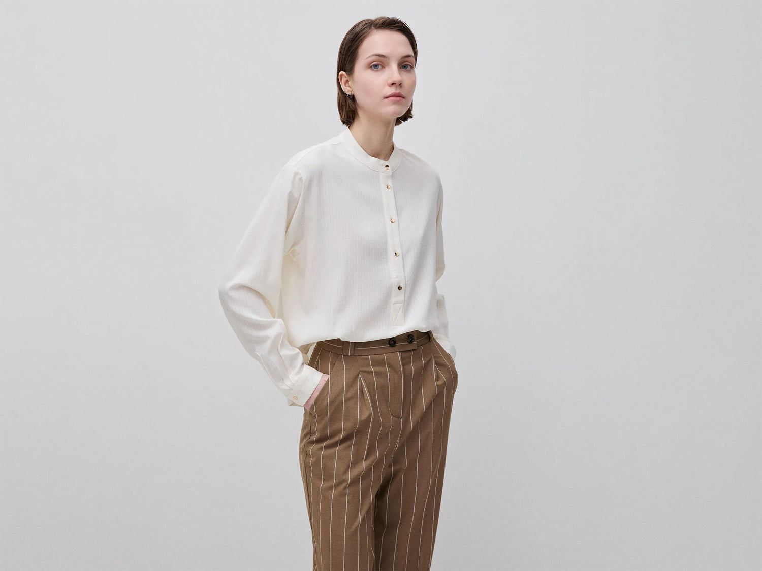 Benetton Creamy White Women Striped Blouse with Mandarin Collar SKU: 5X0VDQ0DD_6R2 Image 01