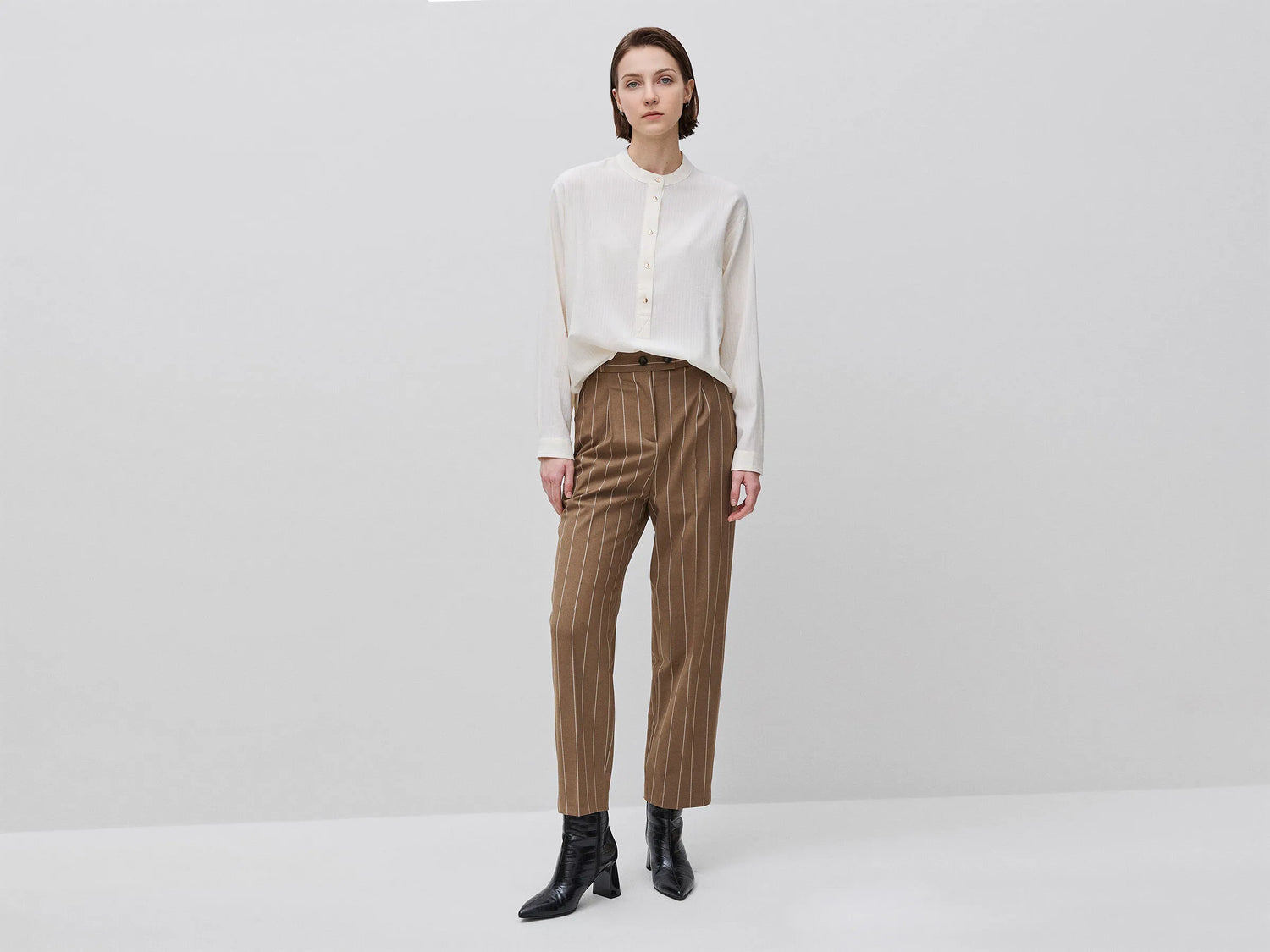 Benetton Creamy White Women Striped Blouse with Mandarin Collar SKU: 5X0VDQ0DD_6R2 Image 03